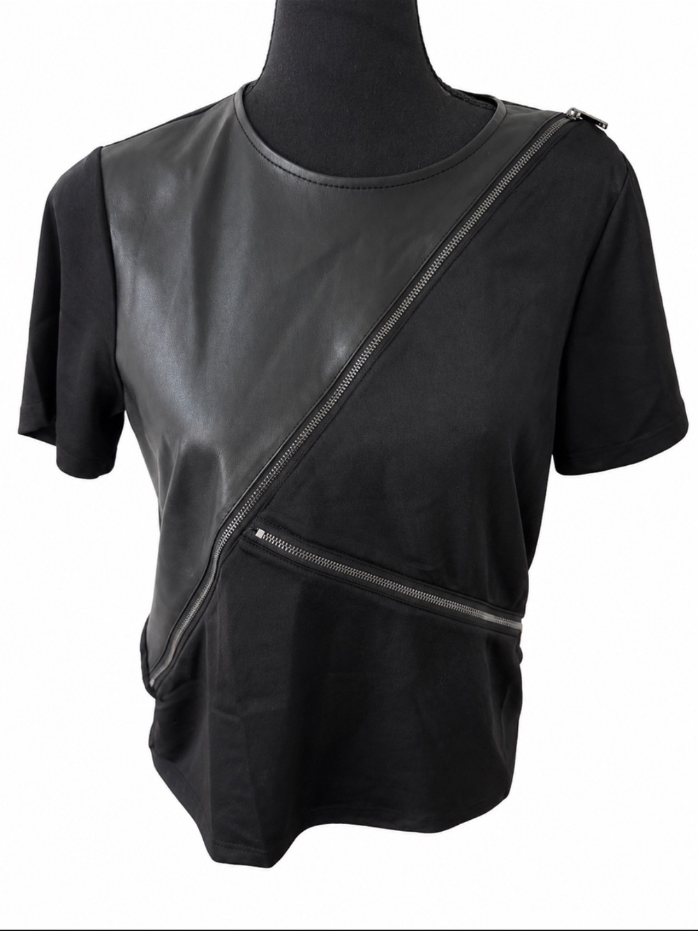 Karl Lagerfeld Paris Black Faux Leather Asymmetrical Zip Top Small